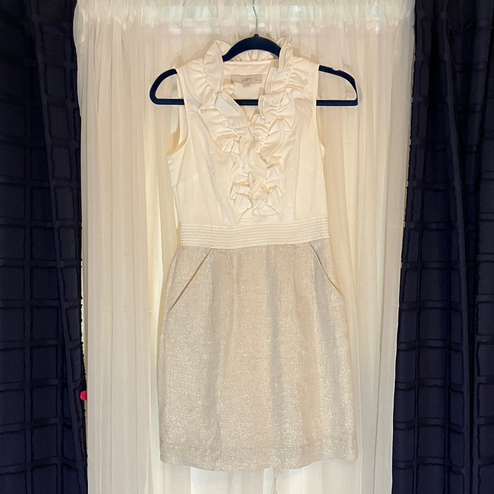 Chic White and Silver Metallic Cotton Linen Dress with Ruffles